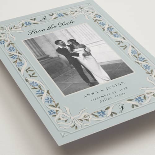 This is a sky petite save the dates with standard by Ana de Sousa called romantic elegance printing on recycled smooth signature in petite