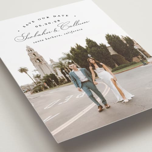 This is a onyx petite save the dates with standard by Erica Krystek called arched type printing on recycled smooth signature in petite