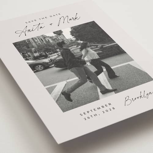 This is a eggshell petite save the dates with standard by Paper Raven Co. called moment in time printing on recycled smooth signature in petite