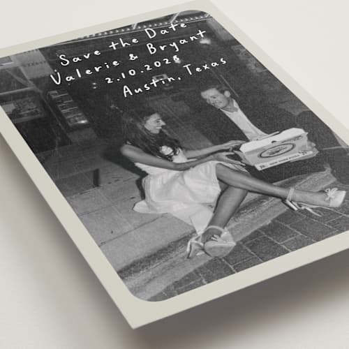 This is a toasted marshmallow petite save the dates with standard by Anna Elder called film printing on recycled smooth signature in petite