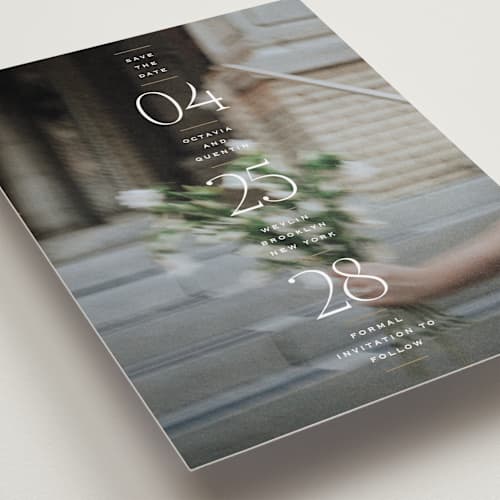 This is a chiffon petite save the dates with standard by Heather Schertzer called updated printing on recycled smooth signature in petite