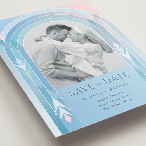 This is a aqua petite save the dates with standard by Lori Wemple called frozen printing on recycled smooth signature in petite