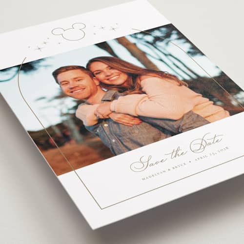 This is a celebration petite save the dates with standard by Jennifer Postorino called disney's minimal mickey mouse printing on recycled smooth signature in petite