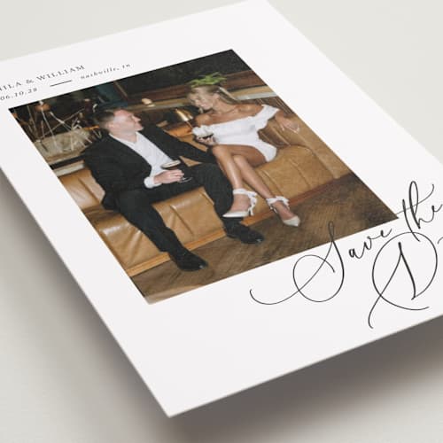 This is a pearl petite save the dates with standard by Melanie Kosuge called side swept printing on recycled smooth signature in petite