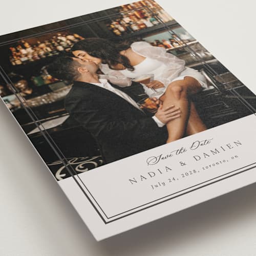 This is a linen petite save the dates with standard by Nicole Walsh called shimmer printing on recycled smooth signature in petite