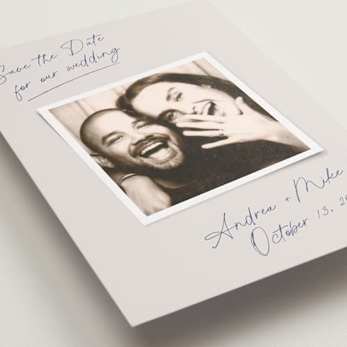 This is a mist petite save the dates with standard by Side Note Design called candid ink printing on recycled smooth signature in petite