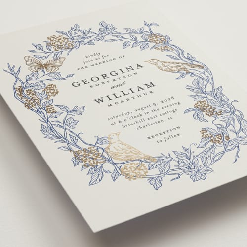 This is a cornflower petite wedding invitations with foil pressed by Grae called meet me in the garden printing on signature in petite