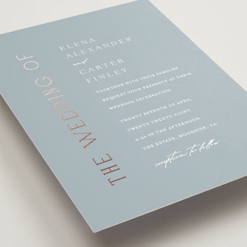 This is a provincial petite wedding invitations with foil pressed by Angela Thompson called gilded edge printing on signature in petite