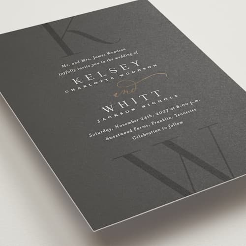 This is a stormy petite wedding invitations with foil pressed by Jessica Williams called over monogram printing on signature in petite