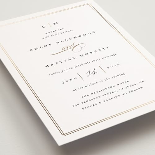 This is a linen petite wedding invitations with foil pressed by Erica Krystek called timeless printing on signature in petite