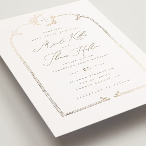 This is a porcelain petite wedding invitations with foil pressed by Leah Bisch called reflection printing on signature in petite