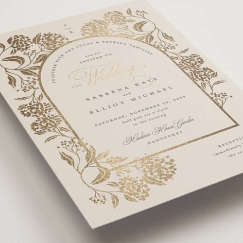 This is a tea time petite wedding invitations with foil pressed by Susan Zinader called shimmering hydrangeas printing on signature in petite