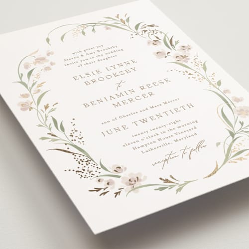 This is a spring mist petite wedding invitations with foil pressed by Erin L. Wilson called meadow printing on signature in petite