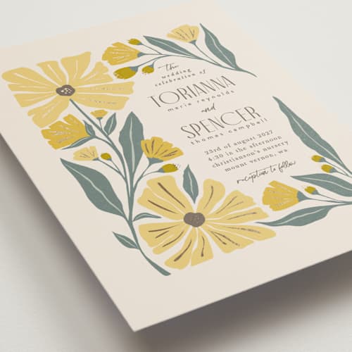 This is a buttercup petite wedding invitations with foil pressed by Karidy Walker called storybook garden printing on signature in petite