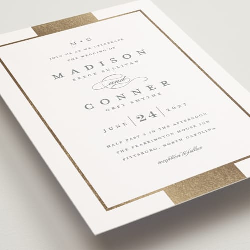 This is a slate petite wedding invitations with foil pressed by Stacey Meacham called refined style printing on signature in petite