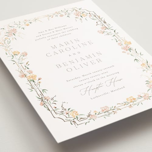 This is a golden summer petite wedding invitations with foil pressed by Erin L. Wilson called victorian trellis printing on signature in petite