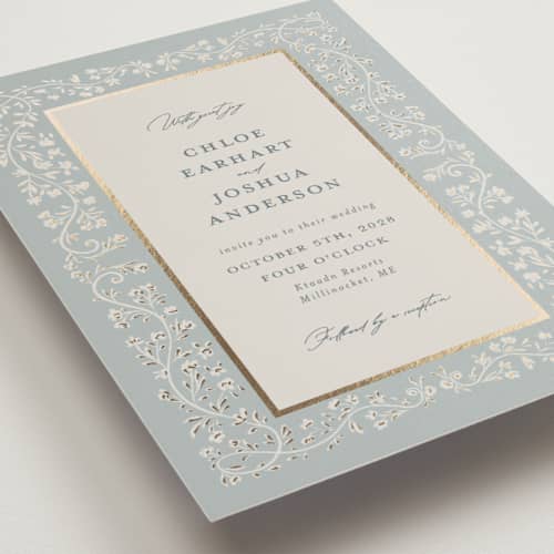 This is a something blue petite wedding invitations with foil pressed by Gwen Bedat called floral romance printing on signature in petite