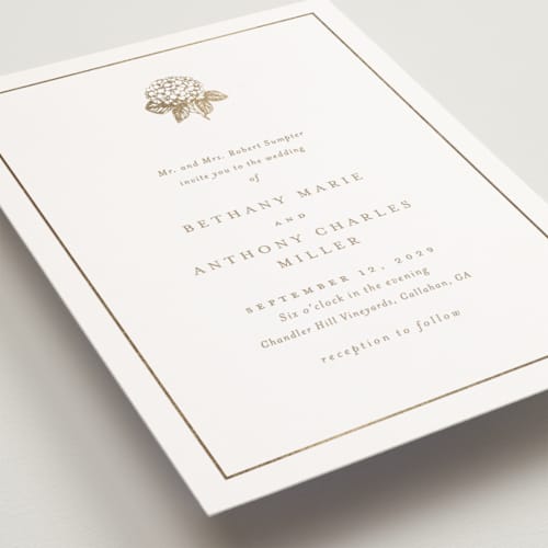 This is a cotton petite wedding invitations with foil pressed by Stacey Meacham called hydrangea bloom printing on signature in petite