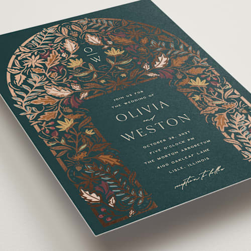This is a deep sea petite wedding invitations with foil pressed by Erin German called autumnal arch printing on signature in petite