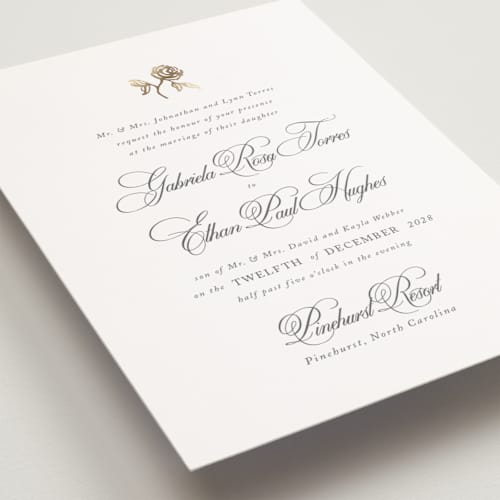 This is a classic bride petite wedding invitations with foil pressed by Design Lotus called here with you printing on signature in petite