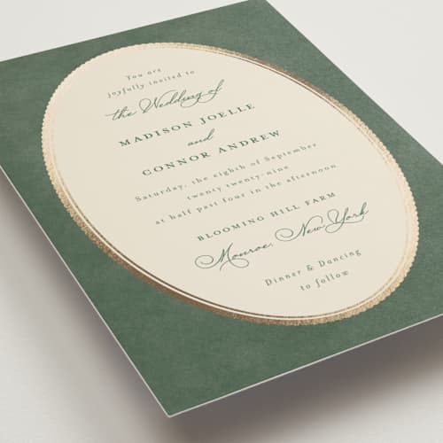 This is a rosemary petite wedding invitations with foil pressed by Emily Betts called vintage oval printing on signature in petite
