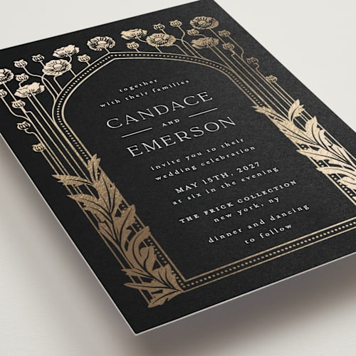 This is a onyx petite wedding invitations with foil pressed by Ana de Sousa called nouveau flowers printing on signature in petite