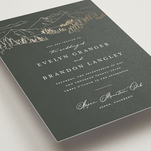 This is a hunter petite wedding invitations with foil pressed by Sarah Brown called peaks printing on signature in petite