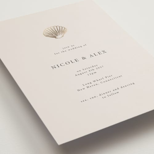 This is a sand petite wedding invitations with foil pressed by Hannah Bowman called simple seashell printing on signature in petite