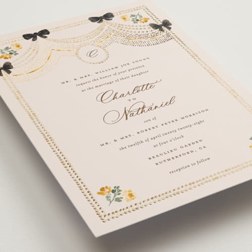 This is a golden petite wedding invitations with foil pressed by Claudia Orengo called tuileries printing on signature in petite