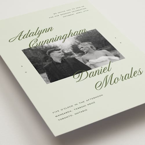 This is a lemongrass petite wedding invitations with standard by Sam Dubeau called swoon printing on signature in petite