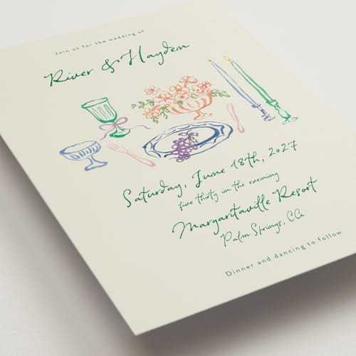 This is a garden petite wedding invitations with standard by Cass Loh called tablescape drawing printing on signature in petite