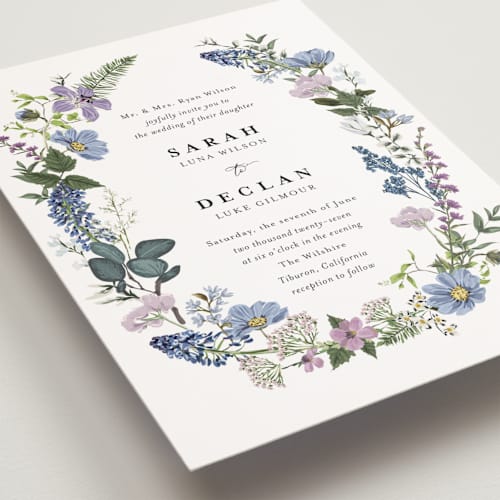 This is a lavender petite wedding invitations with standard by Susan Moyal called lilac bloom printing on signature in petite