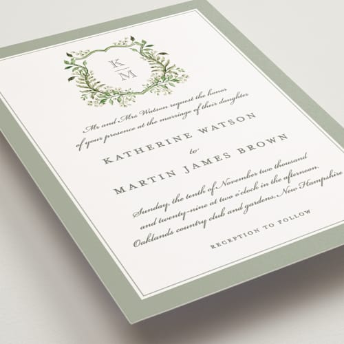 This is a sage petite wedding invitations with standard by Sarah Knight called greenery crest printing on signature in petite
