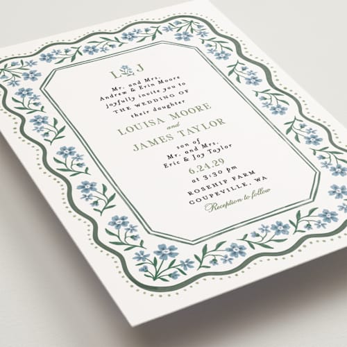 This is a periwinkle petite wedding invitations with standard by Alethea and Ruth called sweet vintage printing on signature in petite