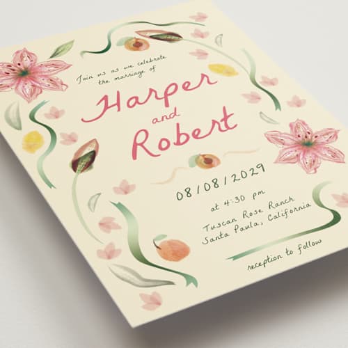 This is a blush petite wedding invitations with standard by Emily Miranda called romantic tropical wedding printing on signature in petite