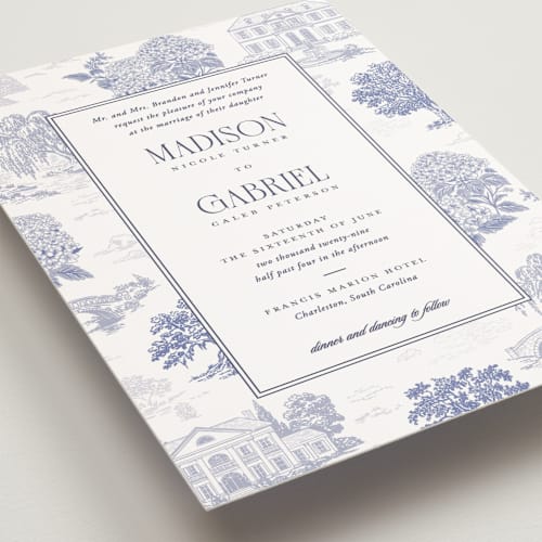 This is a periwinkle petite wedding invitations with standard by Jenna Holcomb called southern charm toile printing on signature in petite
