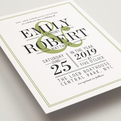 This is a moss petite wedding invitations with standard by Ariel Rutland called wed in type printing on signature in petite