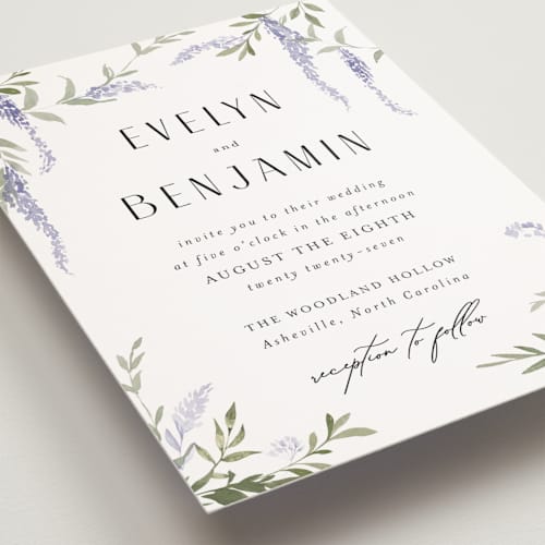 This is a lavender petite wedding invitations with standard by Design Lotus called enchanted evening printing on signature in petite