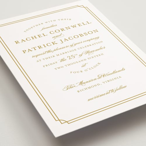 This is a gold petite wedding invitations with standard by Sarah Brown called luxe border printing on signature in petite
