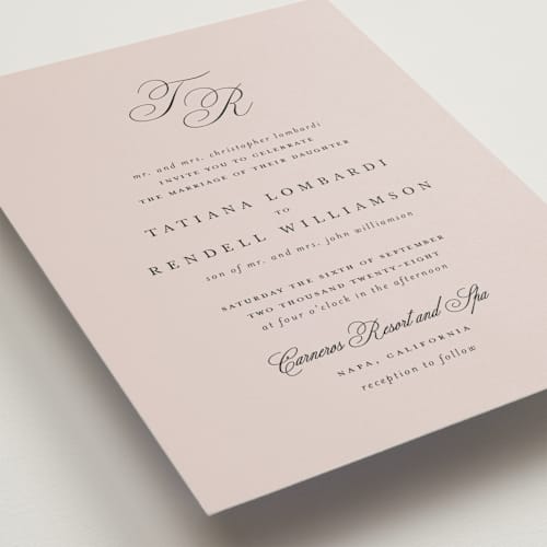 This is a dusty rose petite wedding invitations with standard by Kelly Schmidt called arch monogram printing on signature in petite