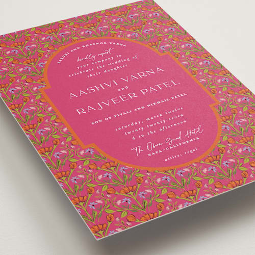 This is a fuchsia petite wedding invitations with standard by Pati Cascino called varna printing on signature in petite