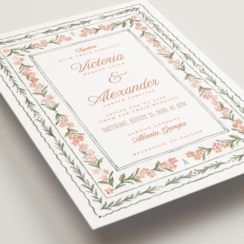 This is a persimmon petite wedding invitations with standard by Jenna Holcomb called vintage sketched printing on signature in petite
