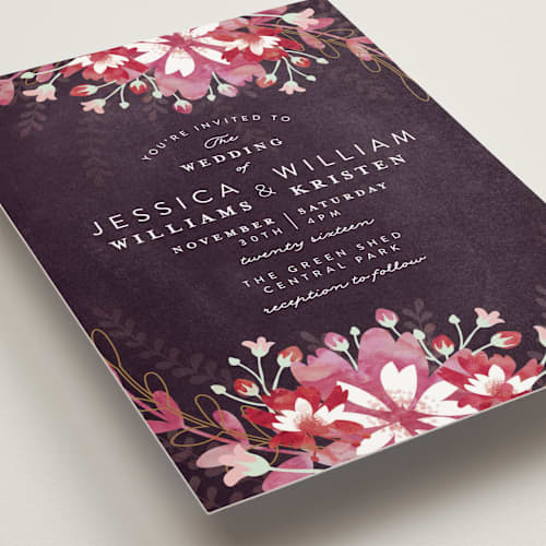 This is a deep plum petite wedding invitations with standard by Phrosné Barwood called enchanting plum printing on signature in petite
