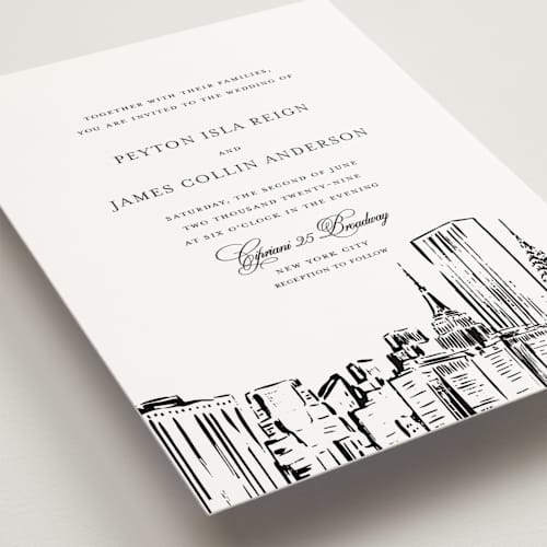 This is a noir petite wedding invitations with standard by Melinda Denison called new york skyline printing on signature in petite