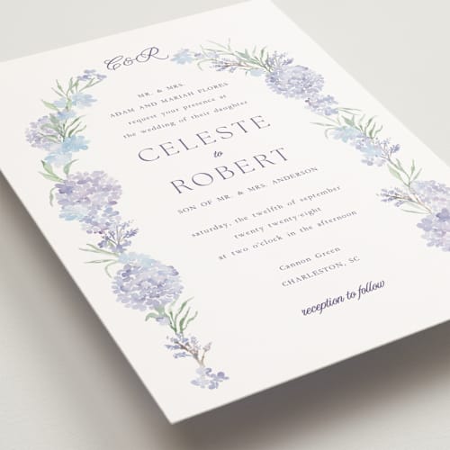 This is a toscana petite wedding invitations with standard by Claudia Orengo called hydrangea printing on signature in petite