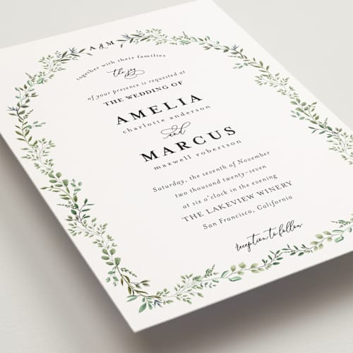 This is a mojito petite wedding invitations with standard by Susan Moyal called monogramed arch printing on signature in petite