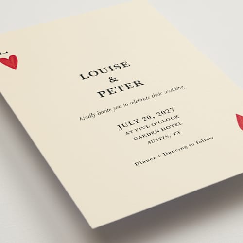 This is a champagne petite wedding invitations with standard by Helena Vitto called red hearts printing on signature in petite