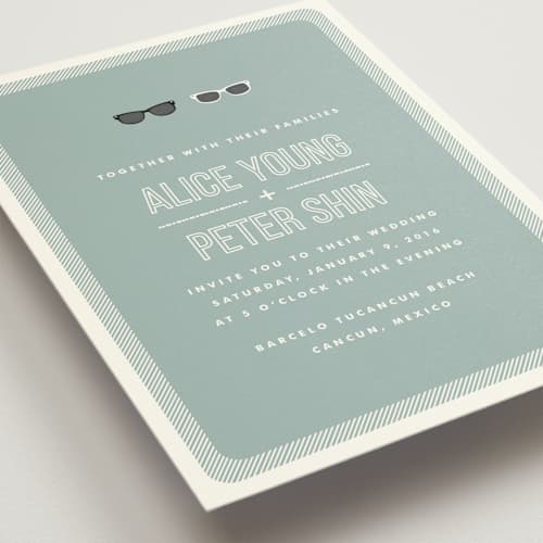 This is a celadon petite wedding invitations with standard by Olive and Violet called shades printing on signature in petite