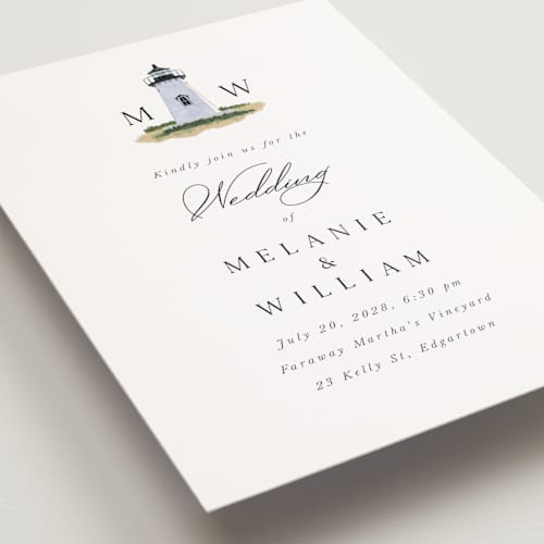 This is a snow petite wedding invitations with standard by Becky Nimoy called east coast lighthouse printing on signature in petite