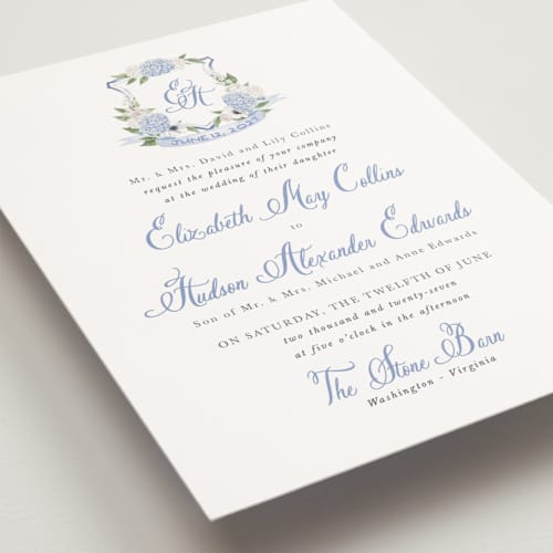This is a periwinkle petite wedding invitations with standard by Design Lotus called sweethearts printing on signature in petite